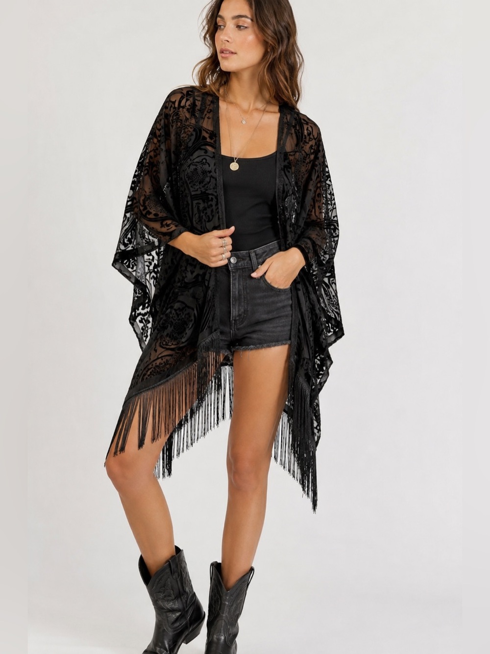 Mixit Burnout Velvet Fringe Kimono One Size NWT Boho
